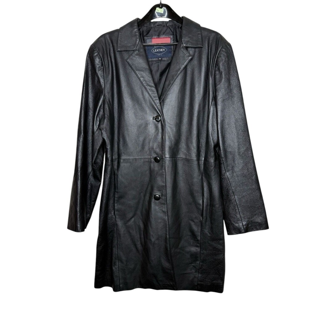 Vintage USA Leather Coat Women's 3X Black Button Front Jacket Pockets Soft 90's - Picture 1 of 12